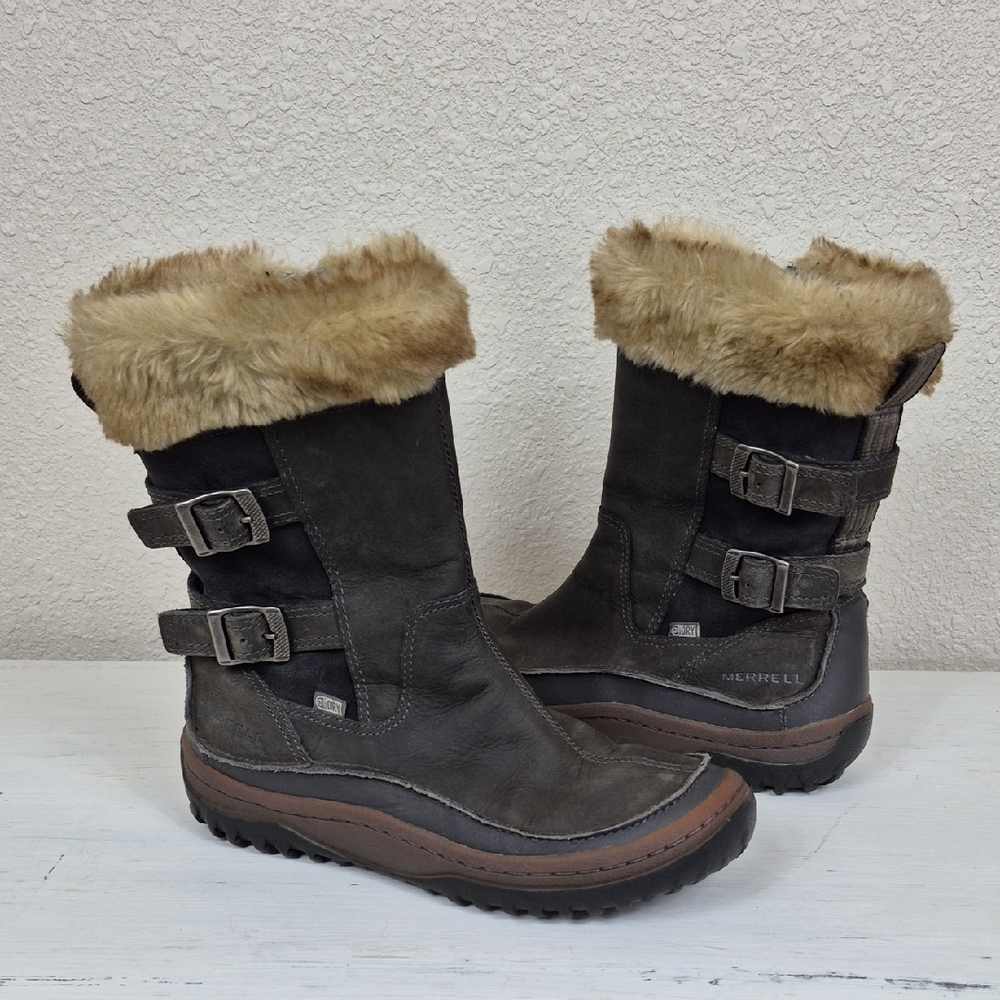 Merrell Women's Decora Chant Boots Zip Up Dark Grey/Brown Size 9 Faux Fur